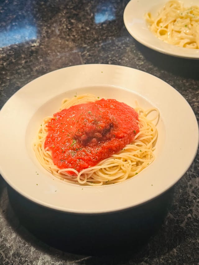 Light Spaghettini with Red Sauce & 1 Meatball.